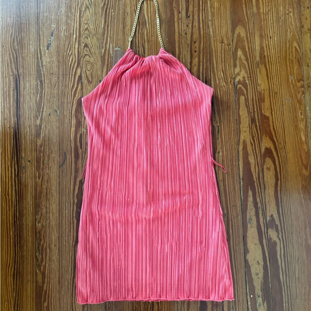 Coral color pleated halter neck mini dress Size XSmall